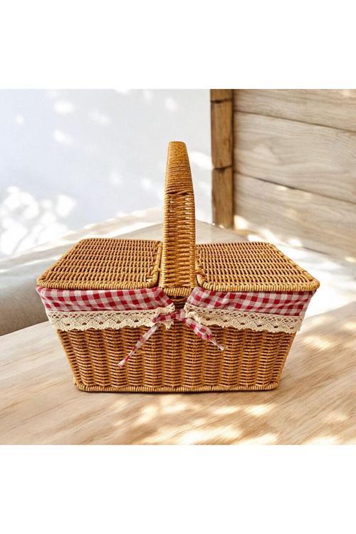 Rattan Örgülü Kapaklı Dikdötgen Piknik Sepeti Naturel