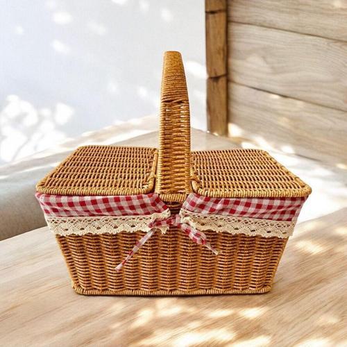 Rattan Örgülü Kapaklı Dikdötgen Piknik Sepeti Naturel