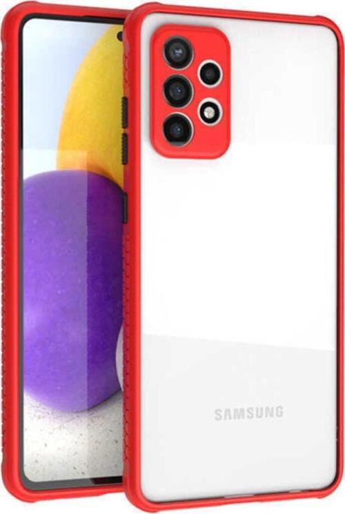 Galaxy A52  Uyumlu Lastik Desen Kenar Kamera Korumalı Arkası Şeffaf Halx Kılıf Kırmızı