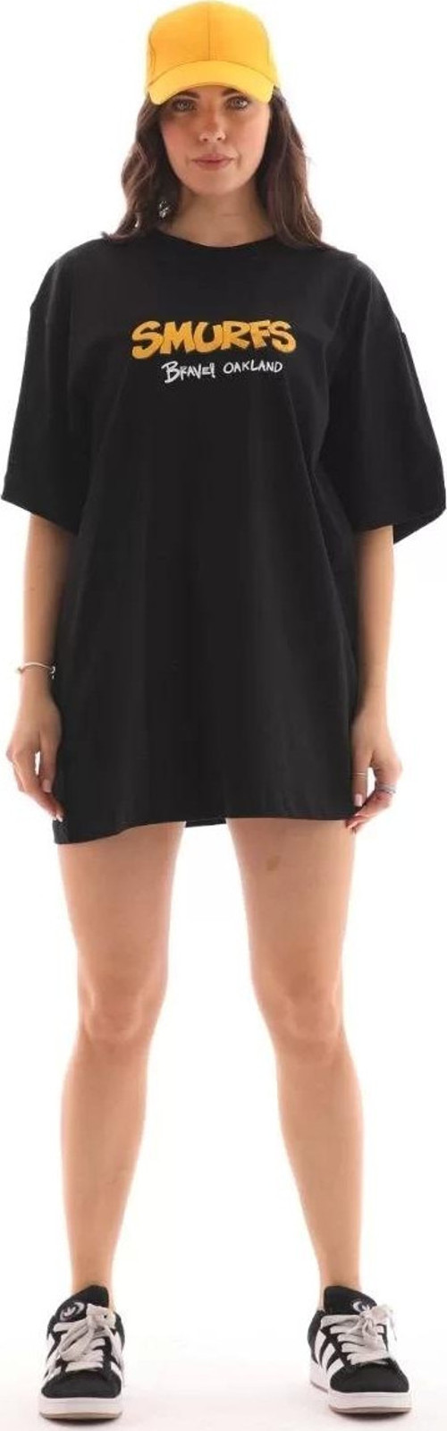 Unisex Bisiklet Yaka Baskılı Oversize T-Shirt - Siyah