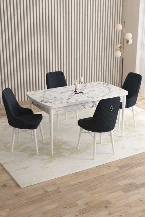 ​​​​​​Mazaka Beyaz Mermer 80x132Açılabilir Mdf Masa Yemek Odası Takımı,Mutfak Takımı 4 Adet Sandalye