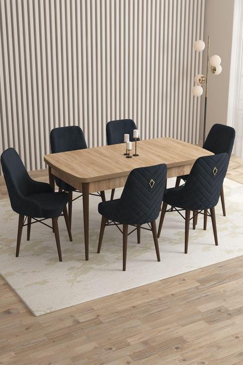 Mazaka Meşe Desen 80x132 Açılabilir Mdf Masa Yemek Odası Takımı, Mutfak Takımı 6 Adet Sandalye 