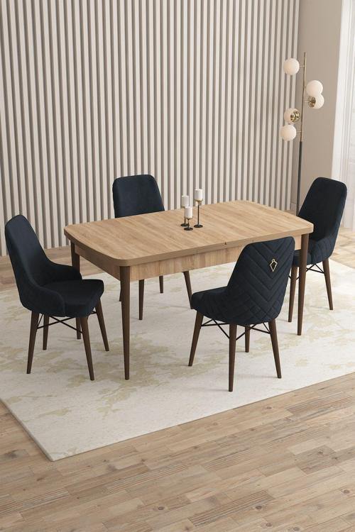 Mazaka Meşe Desen 80x132 Açılabilir Mdf Masa Yemek Odası Takımı, Mutfak Takımı 4 Adet Sandalye