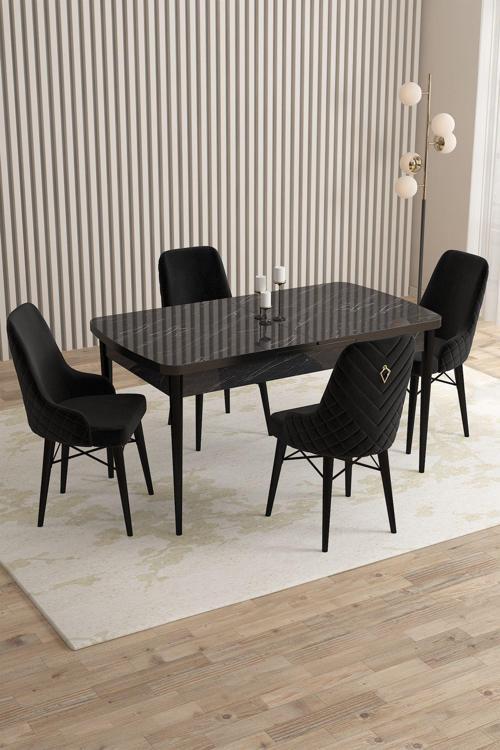 Mazaka Siyah Mermer 80x132 Açılabilir Mdf Masa Yemek Odası Takımı, Mutfak Takımı 4 Adet Sandalye