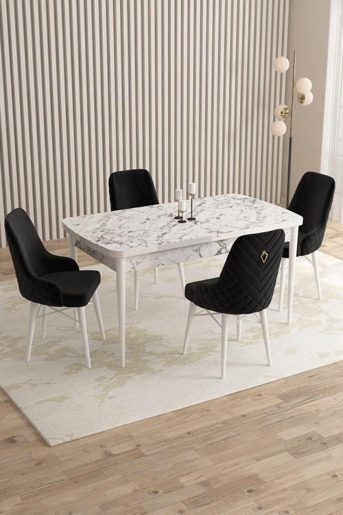 ​​​​​​Mazaka Beyaz Mermer 80x132Açılabilir Mdf Masa Yemek Odası Takımı,Mutfak Takımı 4 Adet Sandalye