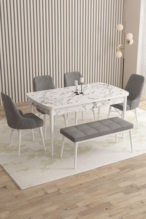 Mazaka Beyaz Mermer 80x132 Açılabilir Mdf Masa Yemek Odası Takımı, Mutfak Takımı 4 Sandalye 1 Bench