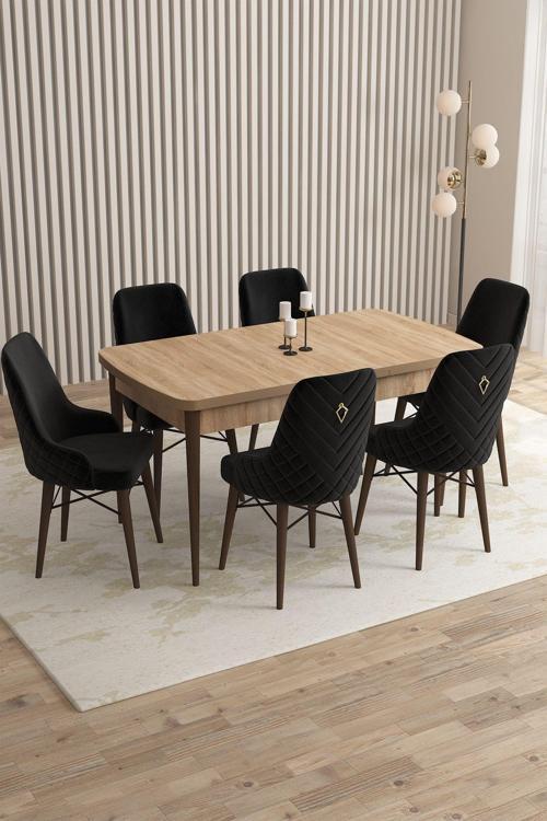 Mazaka Meşe Desen 80x132 Açılabilir Mdf Masa Yemek Odası Takımı, Mutfak Takımı 6 Adet Sandalye 