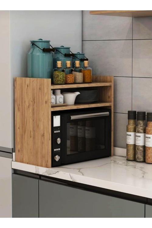 Mikro Dalga Tezgah Üstü Baharatlık Rafı Mobilya Aksap Kahverengi Beyaz Organizer 50x35 cm