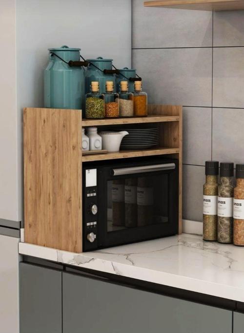 Mikro Dalga Tezgah Üstü Baharatlık Rafı Mobilya Aksap Kahverengi Beyaz Organizer 50x35 cm