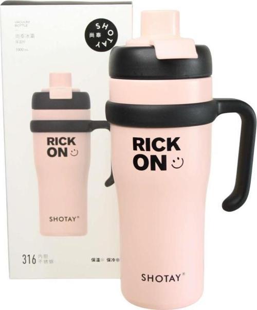 ST-8919 Çift Kullanım Pipetli/Rahat İçim Pembe 1000ml Çelik Termos