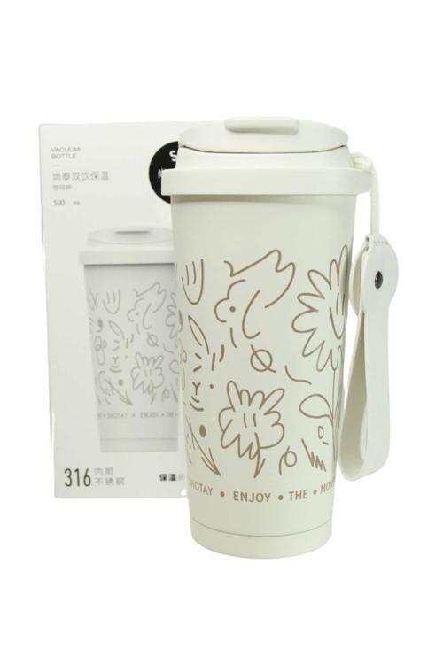 ST-8913 Çift Kullanım Pipetli/Rahat İçim Beyaz 500ml Çelik Termos