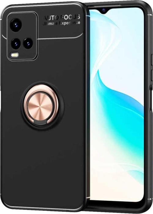 Vivo Y33s Kılıf Ravel Yüzük Tutuculu Standlı Silikon Siyah-rosegold