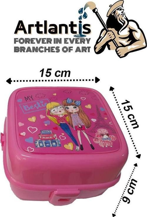 Beslenme Kutusu 4 Bölmeli Pembe Renk Kız Figürlü 1 Adet Yemek Saklama Kabı Beslenme Çantası