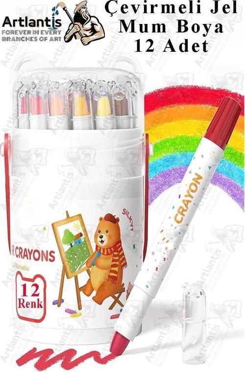 Çevirmeli Jel Mum Boya 12 Renk 1 Adet Plastik Kutulu 12 li Mum Boya Kalemi Silinebilir Zararsız Yıkanabilir 