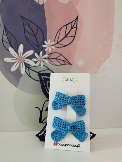 2'Li Set Örgü Fiyonk Toka - Koyu Mavi - Organik & El Yapımı