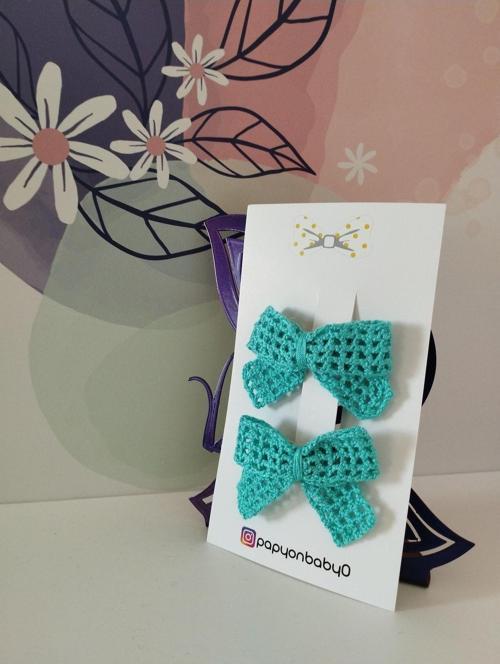 2'Li Set Örgü Fiyonk Toka - Mavi - Organik & El Yapımı