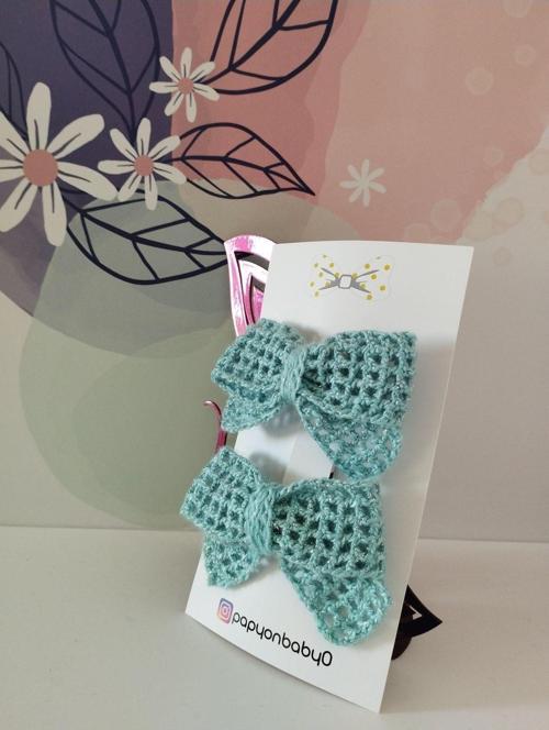 2'Li Set Örgü Fiyonk Toka - Mavi - Organik & El Yapımı