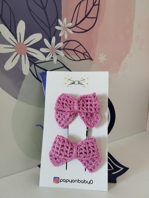 2'Li Set Örgü Fiyonk Toka - Koyu Pembe - Organik & El Yapımı