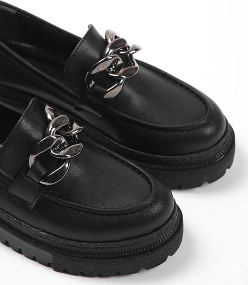 Kadın Leo Siyah Kalın Taban Loafer Makosen Ayakkabı