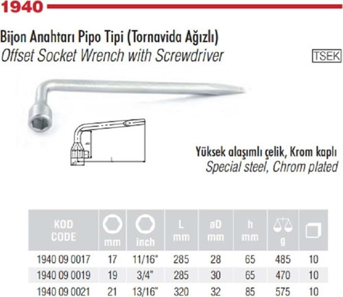 17 Mm Bijon Anahtarı Pipo Tipi Tornavida Ağızlı 1940 09 0017