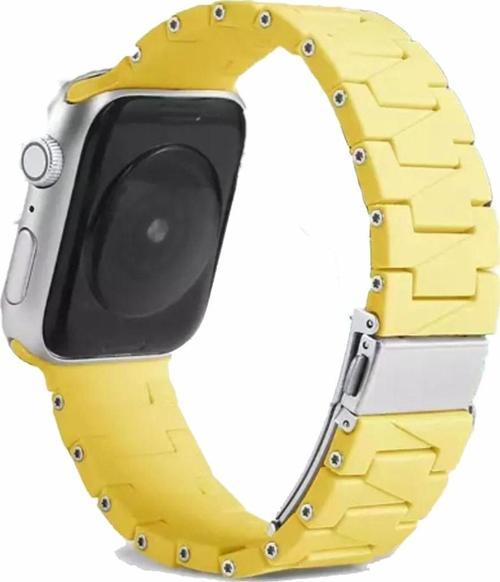 Apple Watch 3 Ile Uyumlu Metal Görünümlü Çapraz Silikon Kayış 42-44mm Dalliance Kordon Sarı