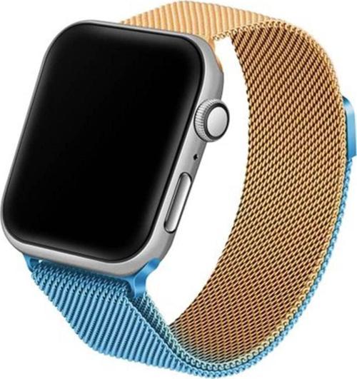 Apple Watch 3-4-5-6 44mm Hasır Örme Metal Vistoso Kordon Gold Mavi Uyumlu