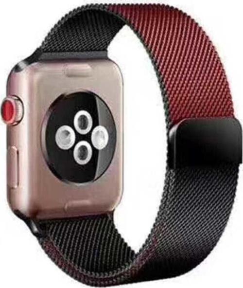 Apple Watch 38-40mm Çift Renk Desenli Şık Metal Kordon Siyah-kırmızı