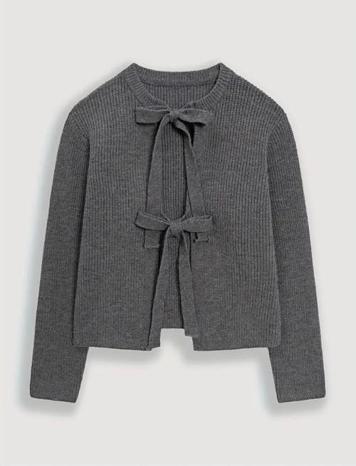 Kadın Antrasit Kurdele Kemer Detaylı Selanik Örgü Triko Hırka