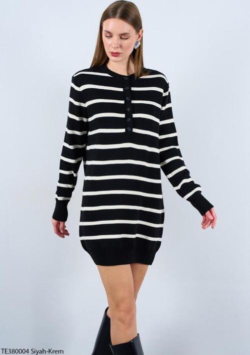 Kadın Çizgili Uzun Kol Triko Elbise - Beyaz