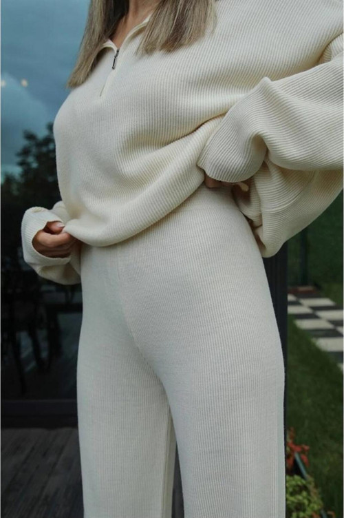 Baharlık Örgü Detaylı Oversize Kazak Pantolon Triko Alt-Üst Takım