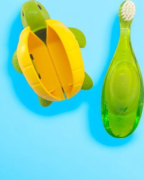 Baby 0-3 Yaş Diş Fırçası Ve Flipper Hijyenik Saklama Kabı Seti - Kaplumbağa Figürlü-Yeşil