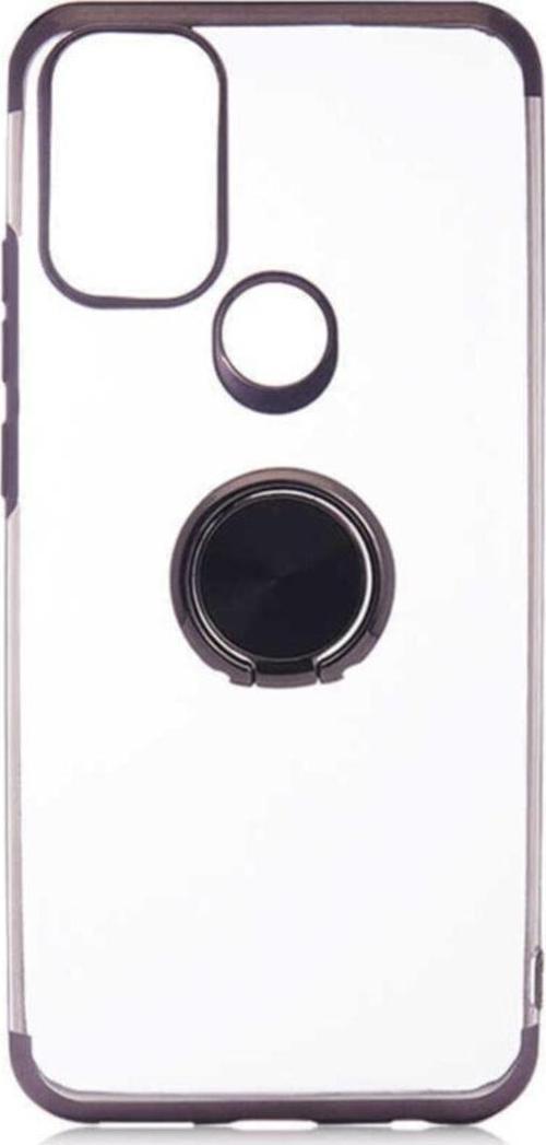 General Mobile 21 Plus Uyumlu Kılıf Dört Köşeli Yüzük Tutuculu Şeffaf Silikon Reverse Siyah