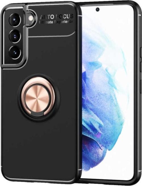 Galaxy S22 Kılıf Ravel Yüzük Tutuculu Standlı Silikon Siyah-rosegold