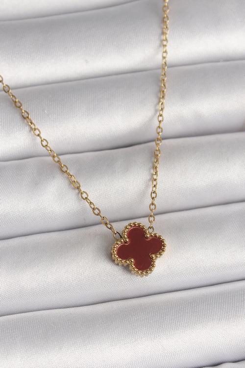 316L Çelik Gold Renk Bordo Yonca Model Kadın Kolye 10018