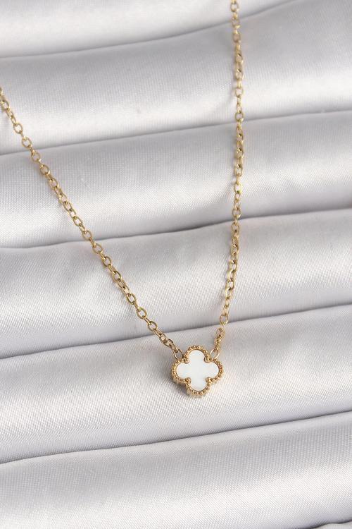 316L Çelik Gold Renk Beyaz Yonca Model Kadın Kolye 10019