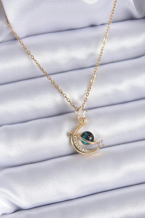 316L Çelik Gold Renk Zirkon Taşlı Hilal Model Kadın Kolye 7690