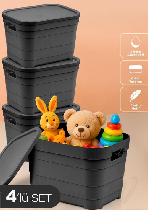 4'lü Kapaklı 5 Litre Saklama Kutusu Antrasit