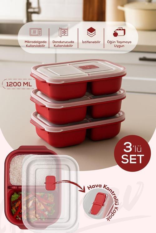 Kapaklı 3’lü Mikrodalgaya Uygun Bölmeli Dikdörtgen Saklama Kabı Seti - 1200 ml