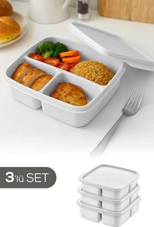 3'lü Set Bölmeli Kare Saklama Kabı Gri