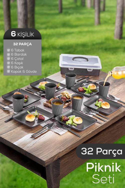 32 Parça 6 Kişilik Taşınabilir Piknik Seti - Saklama Kutulu Antrasit
