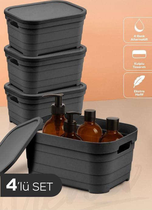 4'lü Kapaklı 3,8 Litre Saklama Kutusu Antrasit