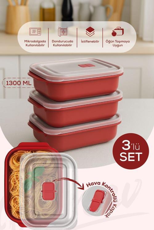 Kapaklı 3’lü Mikrodalgaya Uygun Dikdörtgen Saklama Kabı Seti - 1300 ml