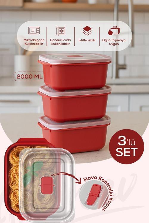 Kapaklı 3’lü Mikrodalgaya Uygun Dikdörtgen Saklama Kabı Seti - 2000 ml