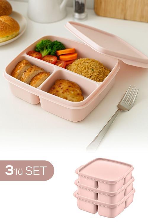 3'lü Set Bölmeli Kare Saklama Kabı Pembe