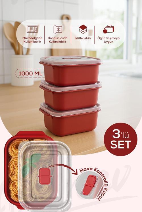 Kapaklı 3’lü Mikrodalgaya Uygun Dikdörtgen Saklama Kabı Seti - 1000 ml