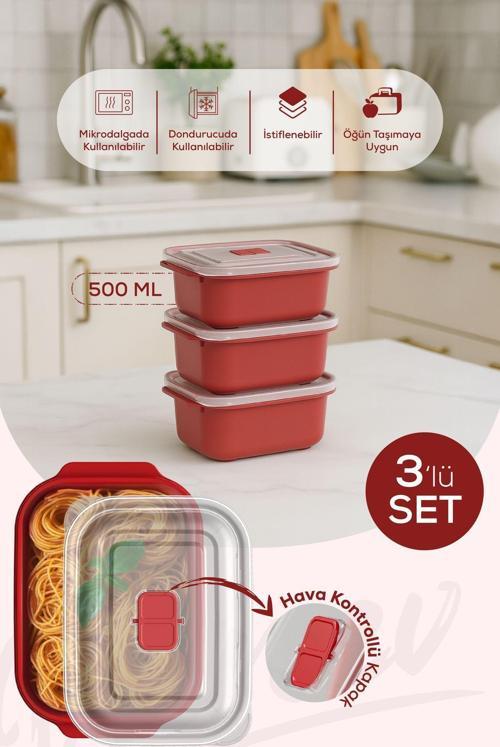 Kapaklı 3’lü Mikrodalgaya Uygun Dikdörtgen Saklama Kabı Seti - 500 ml