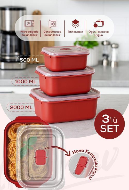 Kapaklı 3’lü Mikrodalgaya Uygun Dikdörtgen Saklama Kabı Seti - 500/1000/2000 ml