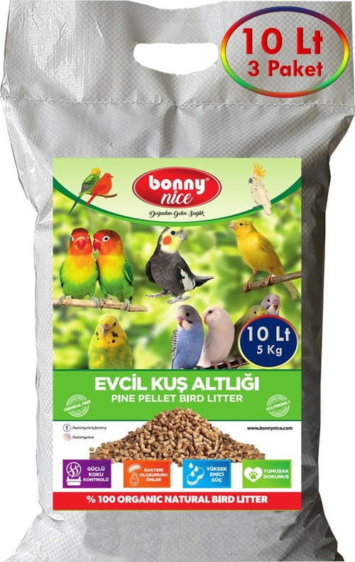 Bonny Nice Doğal Kuş Kumu Çam Pelet Kanarya Kuş Kafes Altlığı 5 Kg 10 Lt (3 Adet)