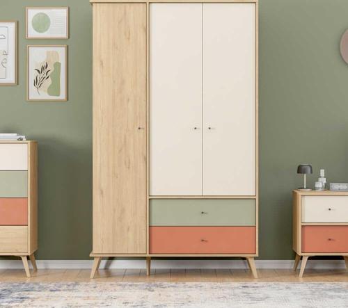 Terra Genç Odası 3 Kapılı 2 Çekmeceli Gardırop - Florida Meşe/Karışık Renk 121x200x54 cm