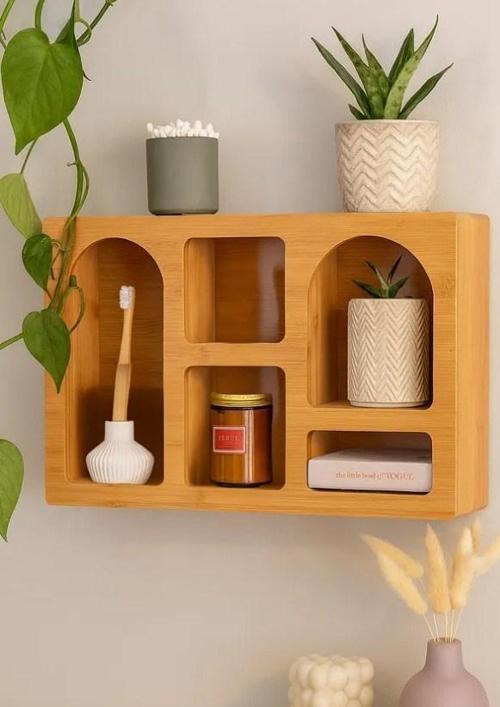 Dekoratif Bambu Duvar Rafı 40X28 Cm Dekor Obje Düzenleyici Organizer Raf